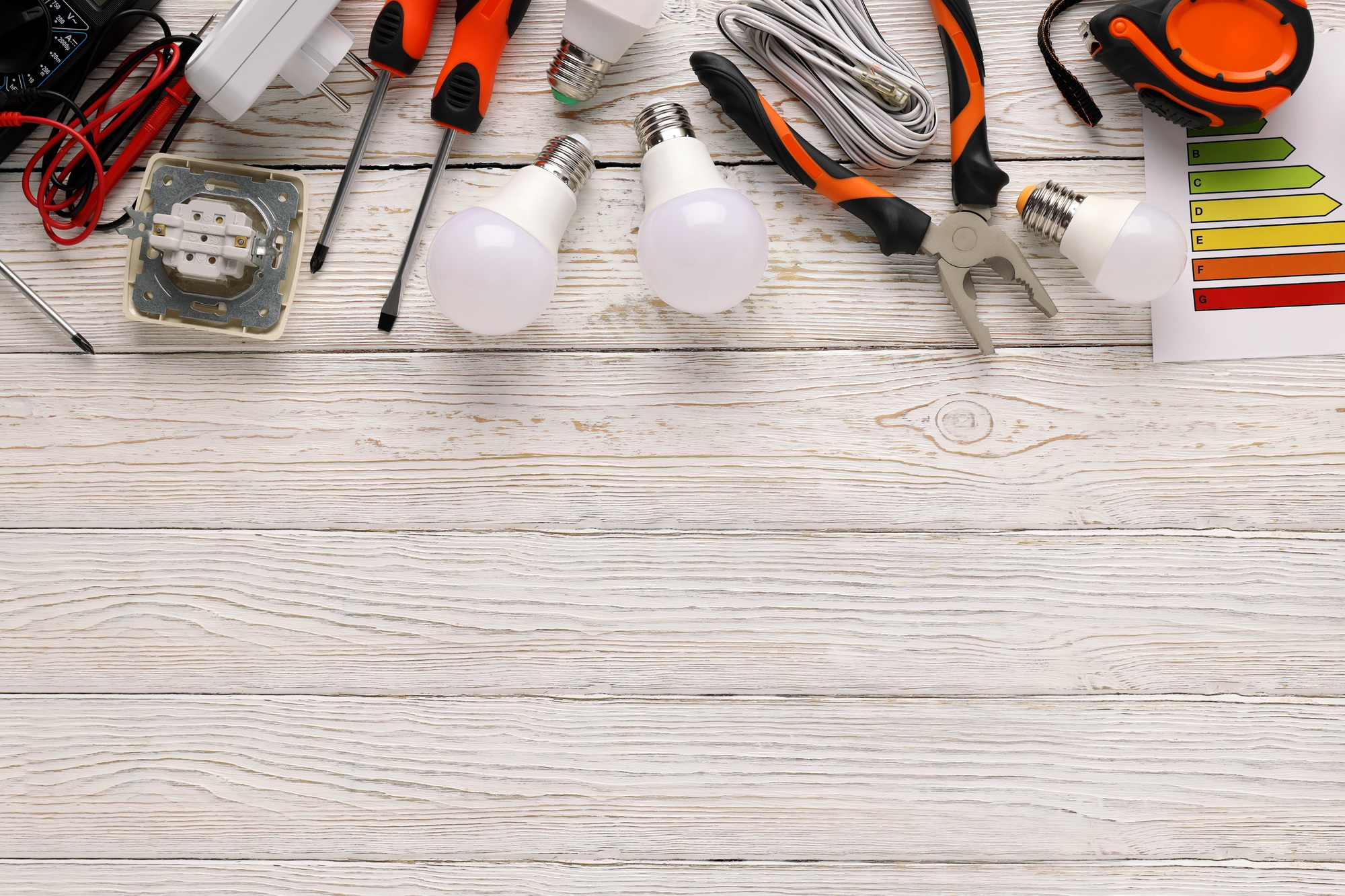 Concept of electrician tools, space for text